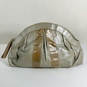 Vintage 1980s Ruth Saltz Silver Leather Clutch Snakeskin Accent Satin Lining Zip